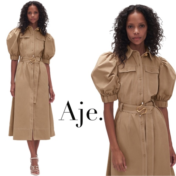 NEW Aje Tan Puff Sleeve Woodland Utility Midi Dress - Picture 1 of 9
